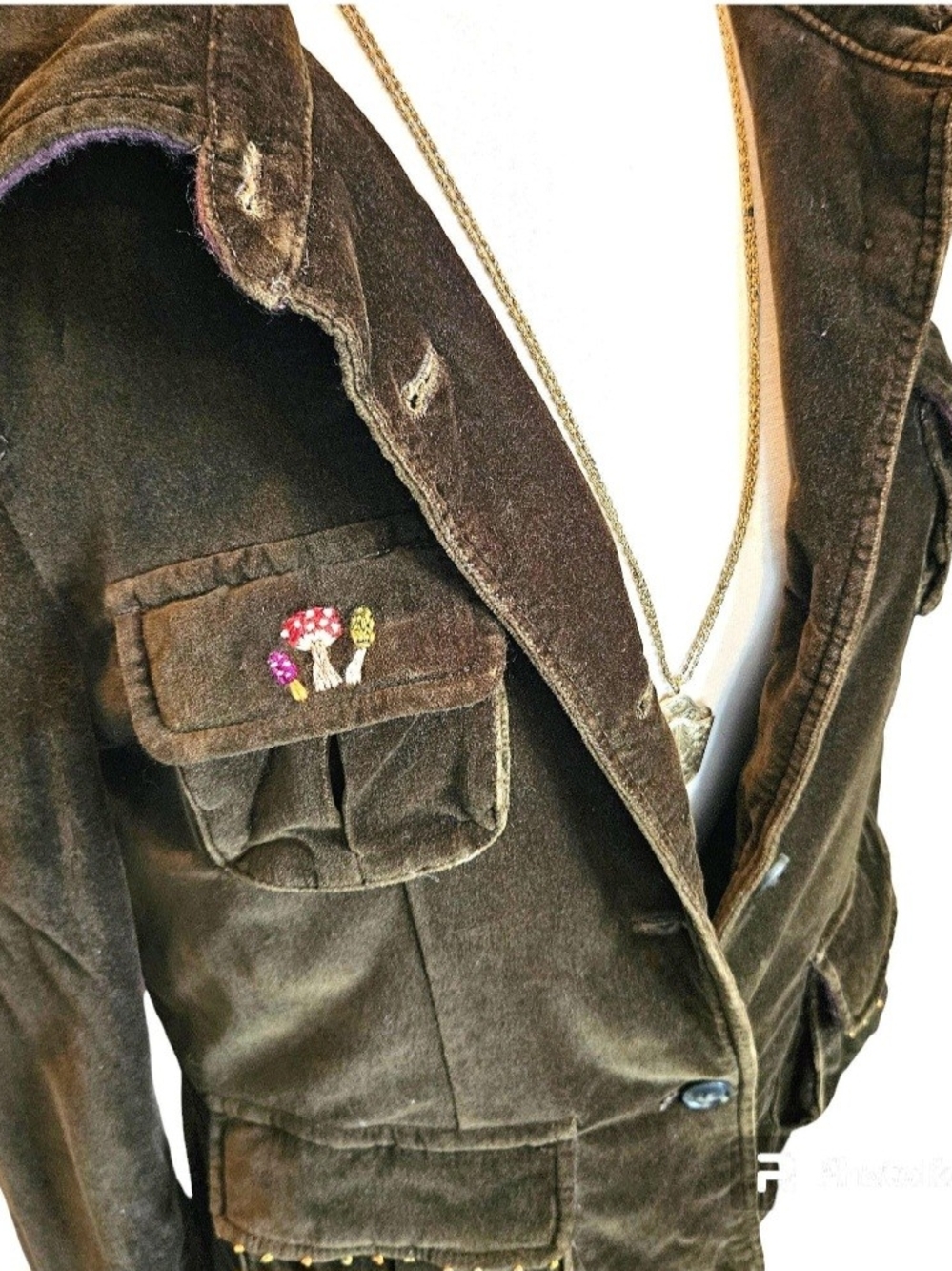 LOFT Green Velvet Jacket with Hand Embroidery Snail Mushrooms